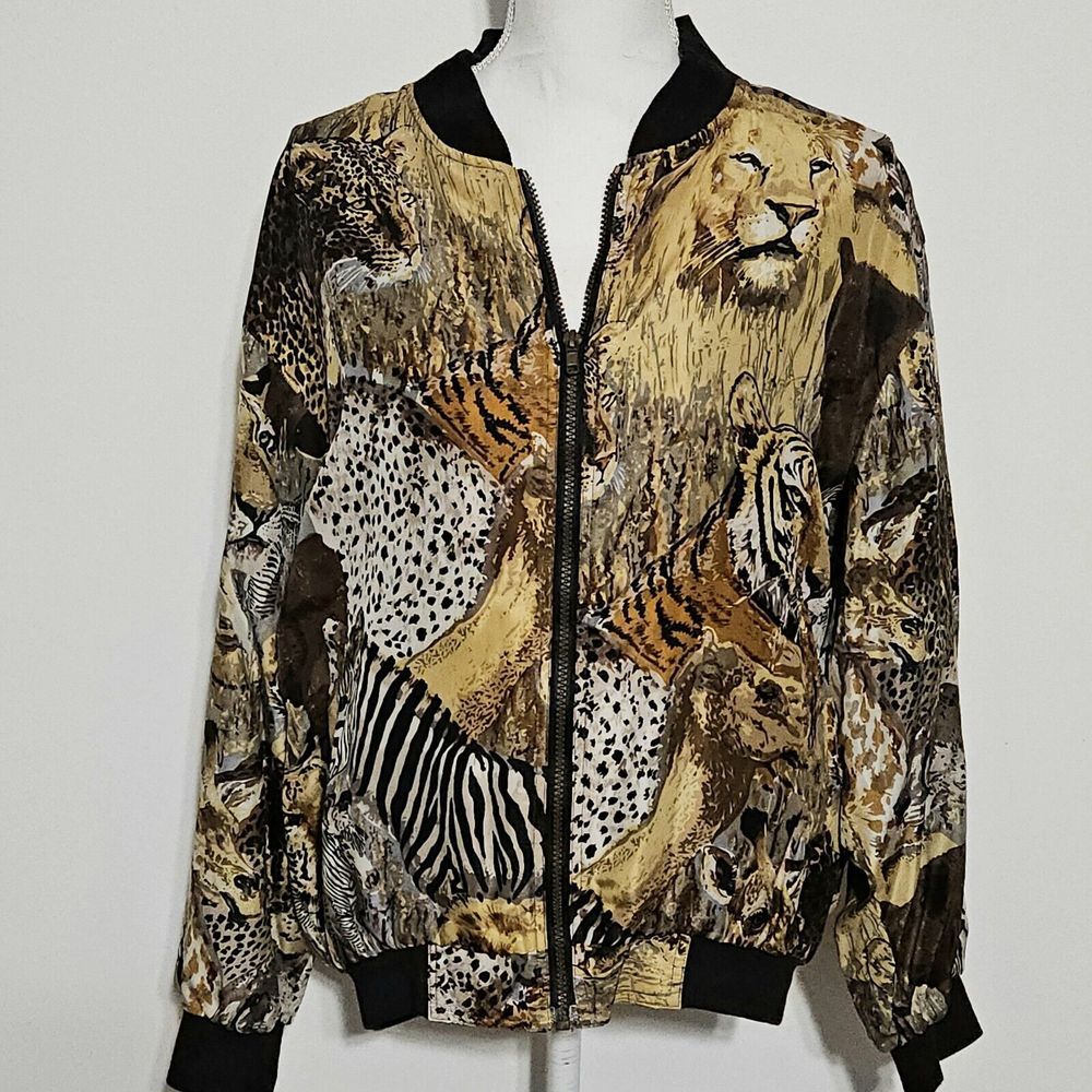 ATLANTIC BEACH Bomber Jacket Sz M 100% Silk Lightweight Safari Animal Tiger